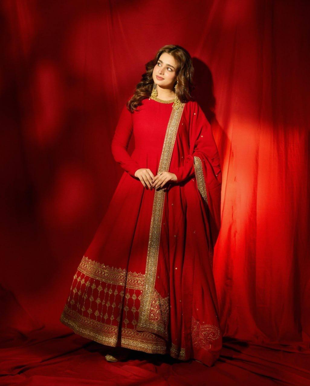 Red Vichitra Silk Anarkali Gown Set with Dupatta & Pant
