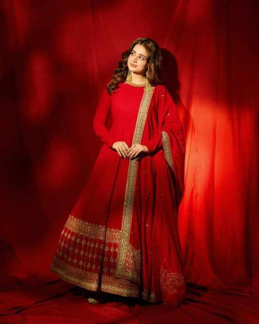 Red Vichitra Silk Anarkali Gown Set with Dupatta & Pant