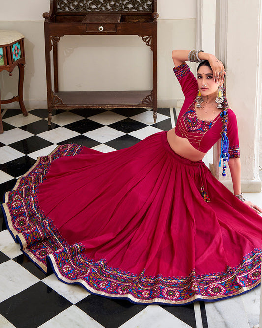 Festive Pink Tussar Silk Full Stitched Lehenga Choli for Garba and Navratri