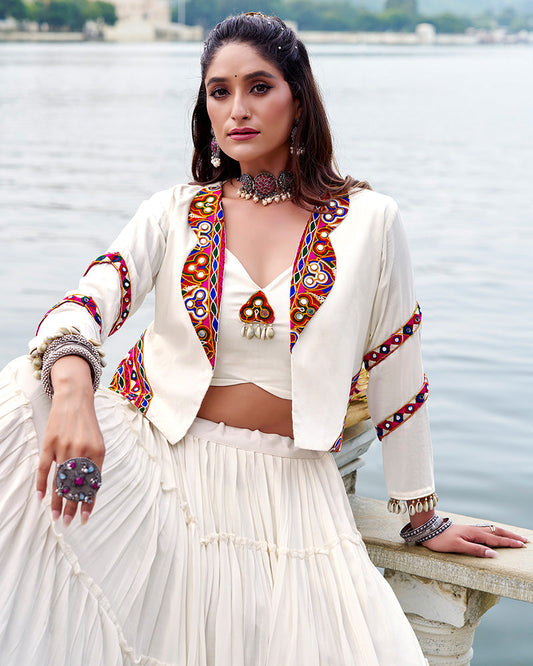 Traditional White Pure Rayon Lehenga Choli for Navratri Festival