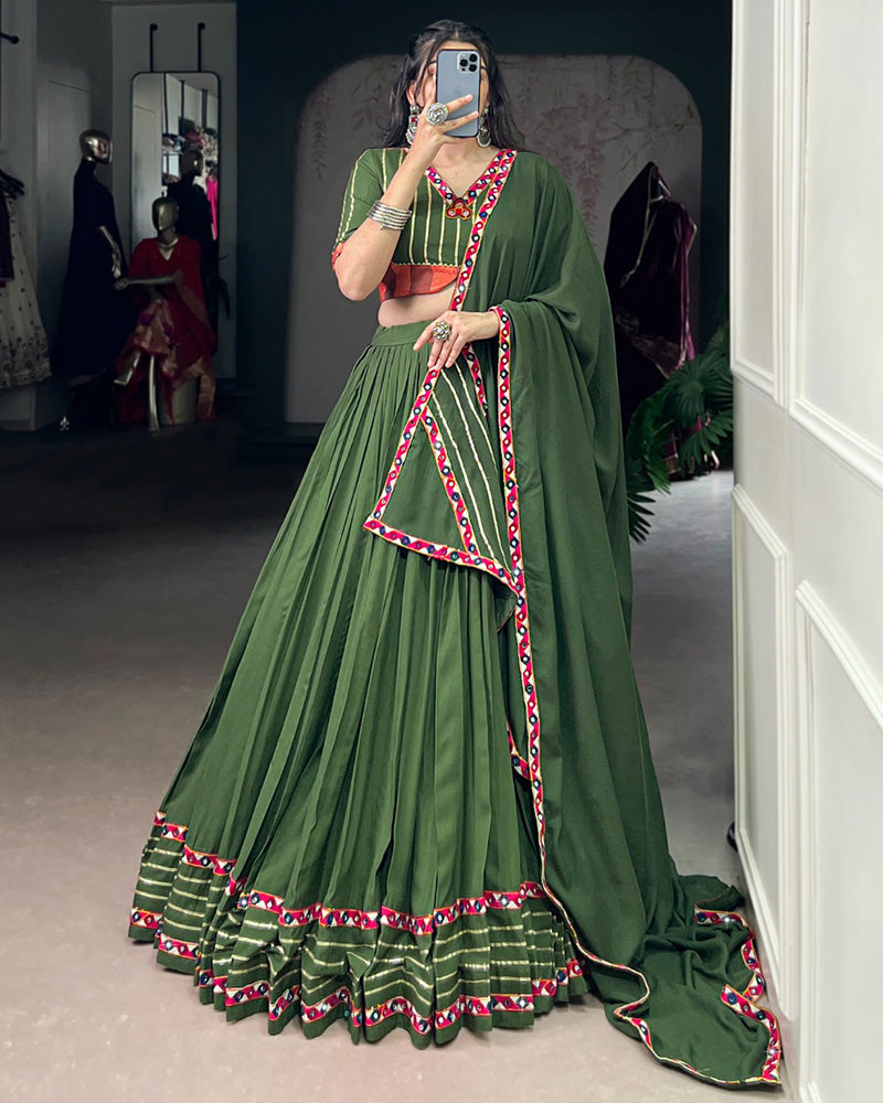 Traditional Mehndi Color Rayon Lehenga Choli for Navratri and Garba