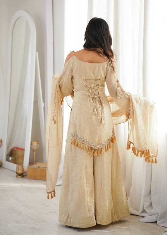 Champagne Beige Mirror Work Kurta Palazzo Suit for Women