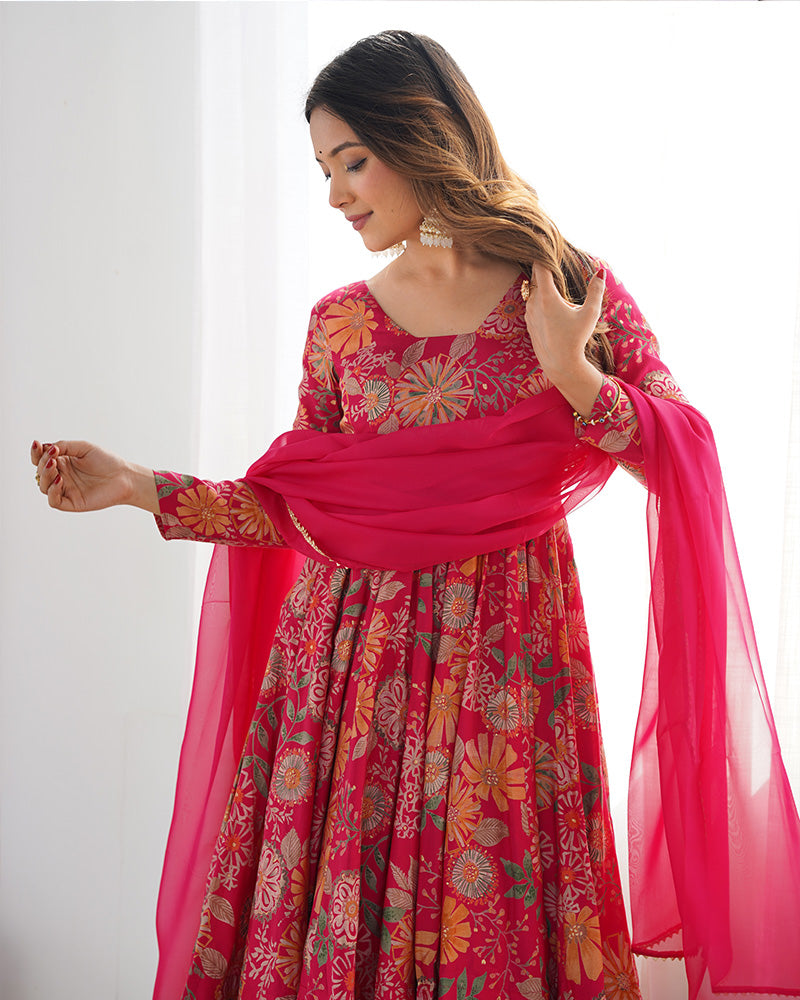 Rani Pink Color Printed Plazzo Suit
