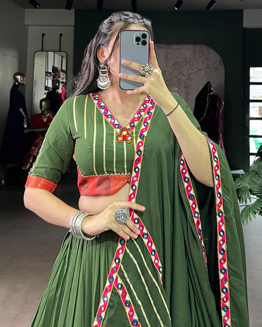 Traditional Mehndi Color Rayon Lehenga Choli for Navratri and Garba