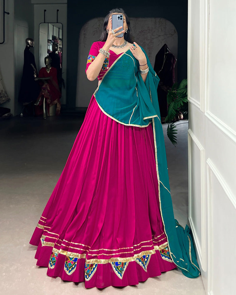 Designer Pink Rayon Lehenga Choli With Traditional Gamthi Patchwork