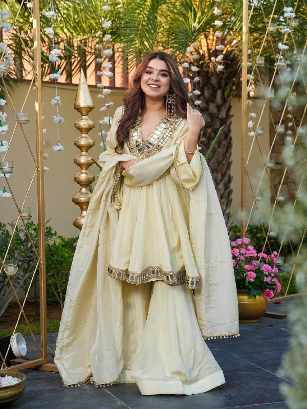 Festive Wear Cream Cosmos Fabric Mirror Work Anarkali Palazzo Set
