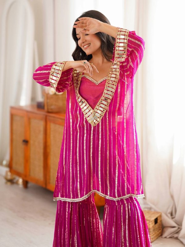 Festive Wear Rani Pink Mirror Work Sharara Suit Set for Women | Trending Designer Outfit