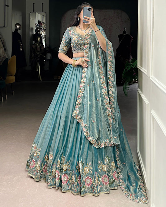 Sky Blue Color Zari Shimmer Thread Embroidered Lehenga Choli