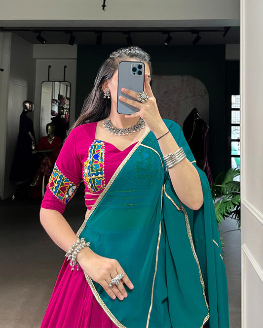 Designer Pink Rayon Lehenga Choli With Traditional Gamthi Patchwork