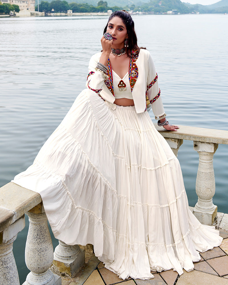 Traditional White Pure Rayon Lehenga Choli for Navratri Festival