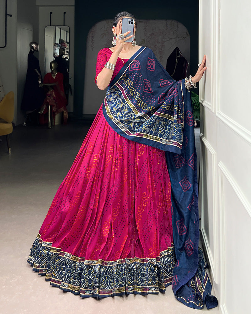Festive Pink Tussar Silk Bandhej Lehenga Choli for Weddings and Parties