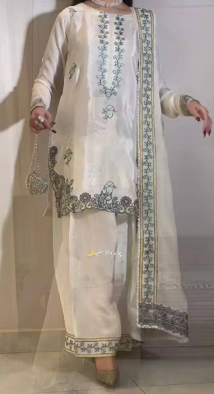 Ivory White Embroidered Farshi Salwar Suit Set with Dupatta