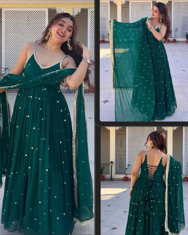 Emerald Green Faux Blooming Gown Set with Heavy Sequin & Zari Work, Pant & Dupatta