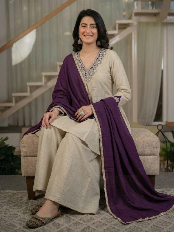 Wedding Wear Ivory Chinnon Silk Kurta Palazzo Suit Set | Wedding Wear Festive Party Wear Ethnic Dress