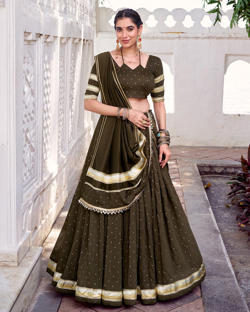 Designer Mehndi Pure Chanderi Lehenga Choli for Navratri Festival