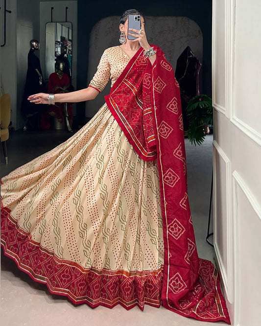 Off White Tussar Silk Bandhej Navratri Lehenga Choli with Designer Blouse