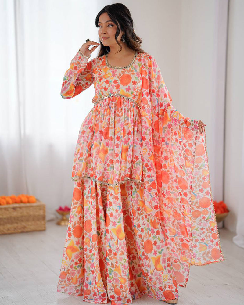 Orange Color Pure Soft Organza Floral Sharara Suit