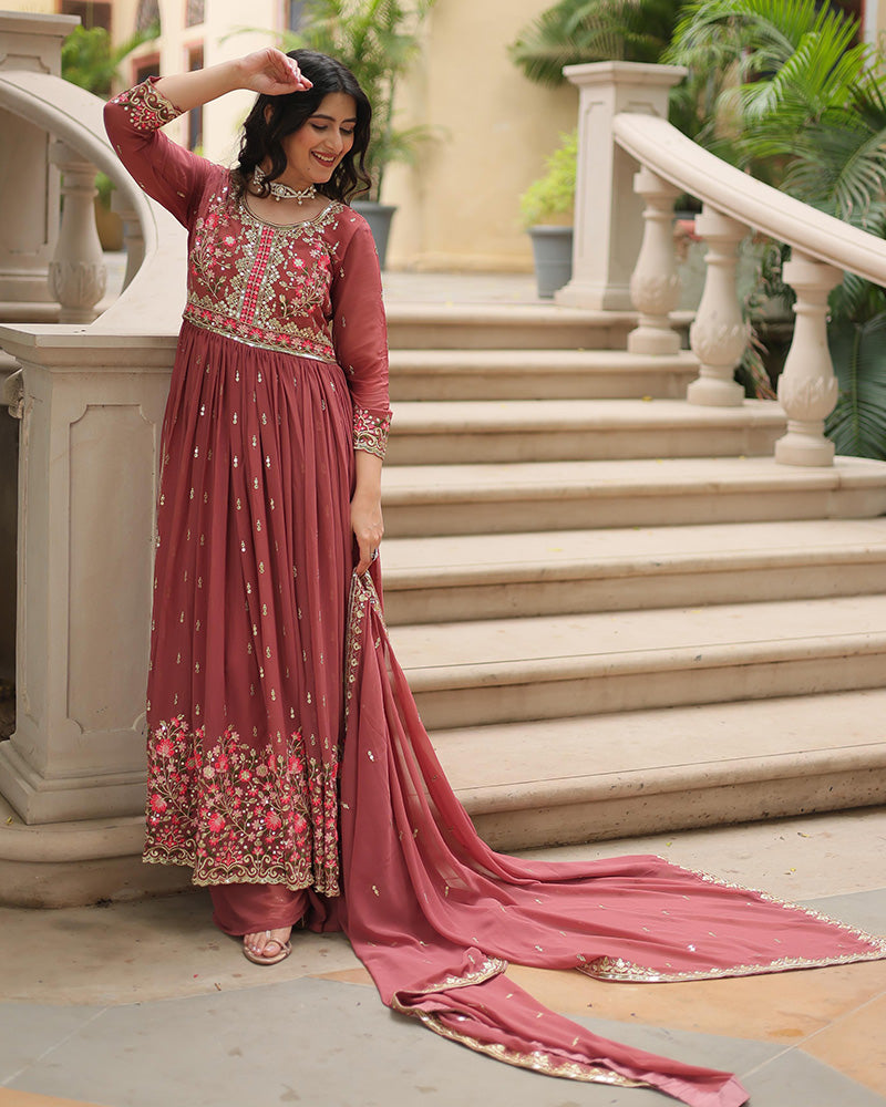 Wedding Wear Peach Color Three Piece Sharara Suit