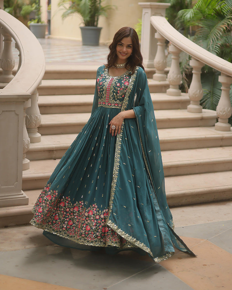 Stylish Rama Color Three Piece Sharara Suit