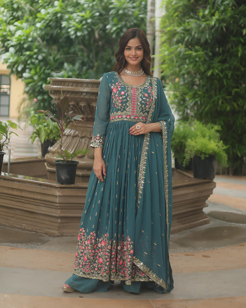 Stylish Rama Color Three Piece Sharara Suit