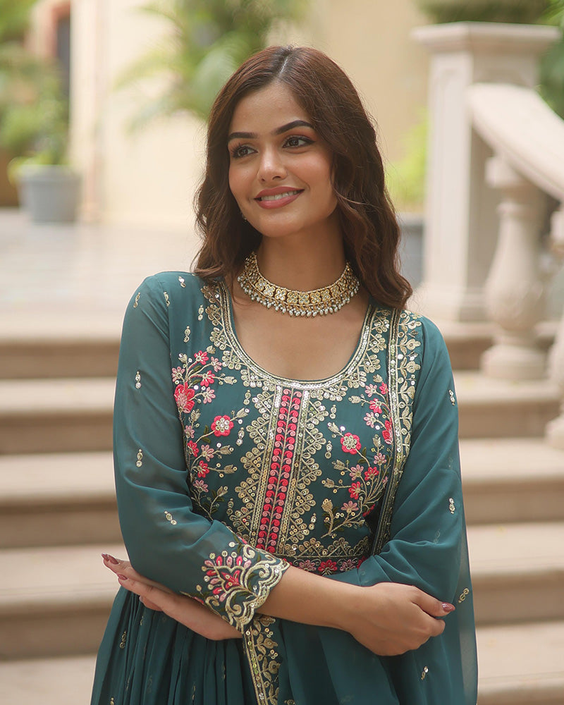 Stylish Rama Color Three Piece Sharara Suit