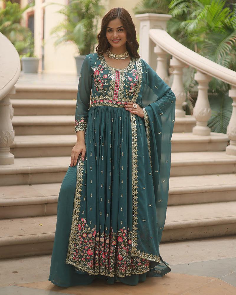 Stylish Rama Color Three Piece Sharara Suit