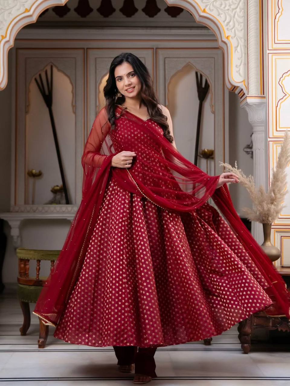 Wine Red Chanderi Jacquard Anarkali Suit Set with Dupatta & Pant