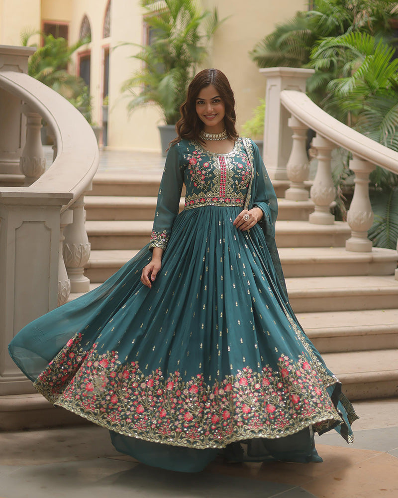 Stylish Rama Color Three Piece Sharara Suit