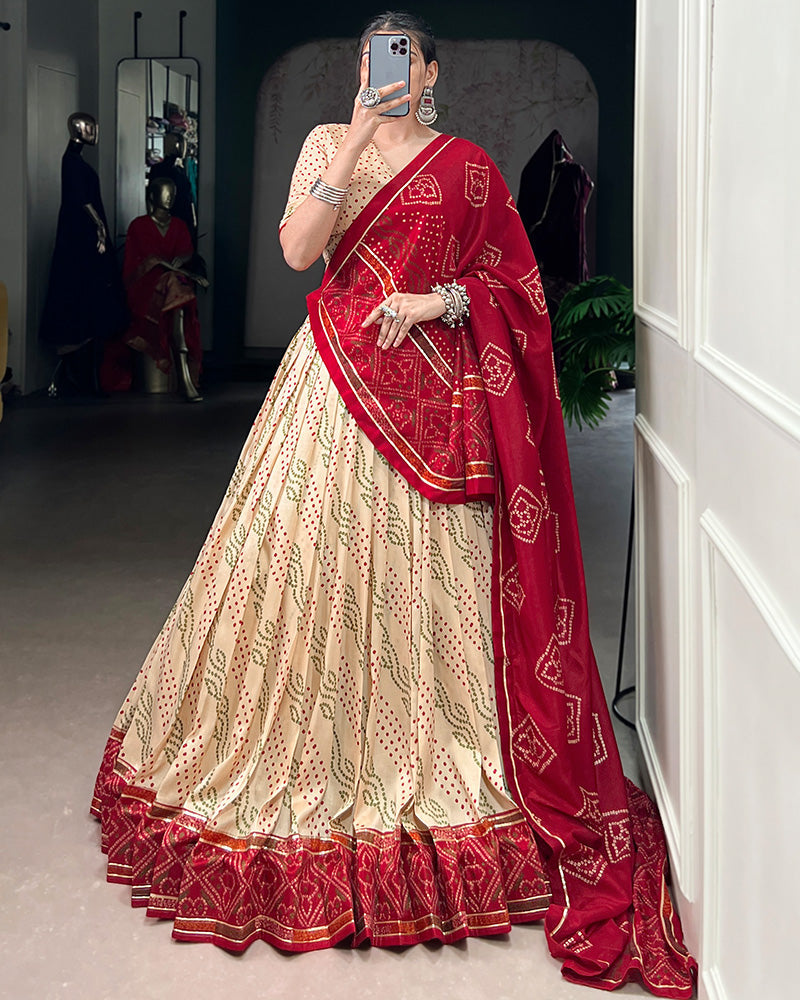 Off White Tussar Silk Bandhej Navratri Lehenga Choli with Designer Blouse