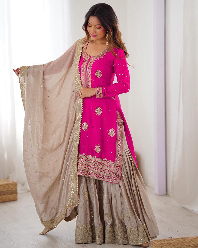 Chinon Silk Embroidered Sharara Suit