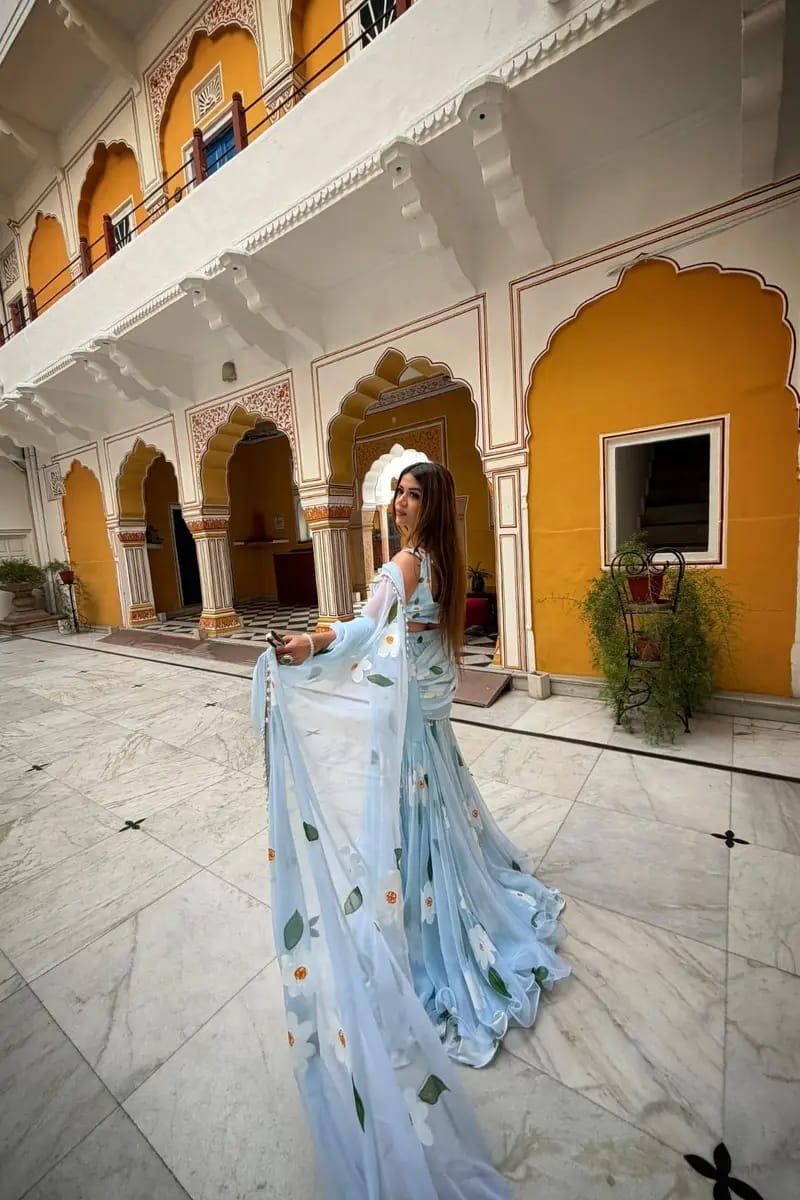 Ready-to-Wear Sky Blue Floral Ruffle Drape Lehenga Saree
