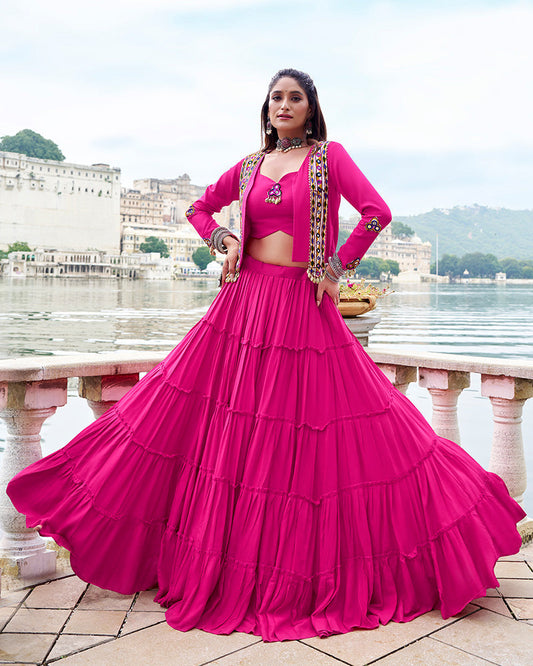 Traditional Pink Rayon Lehenga Choli for Navratri and Garba