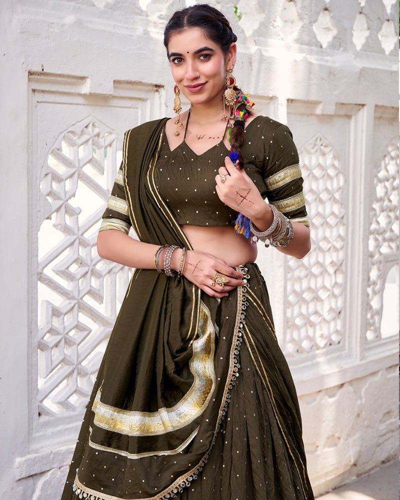 Designer Mehndi Pure Chanderi Lehenga Choli for Navratri Festival