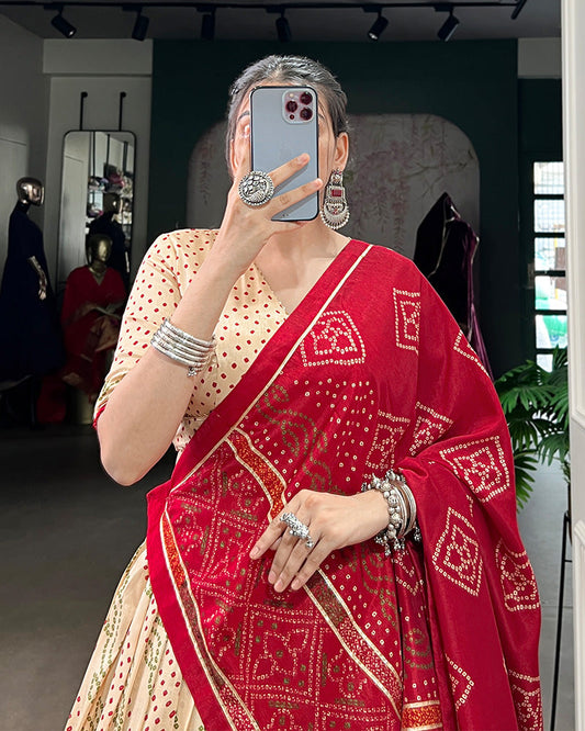 Off White Tussar Silk Bandhej Navratri Lehenga Choli with Designer Blouse