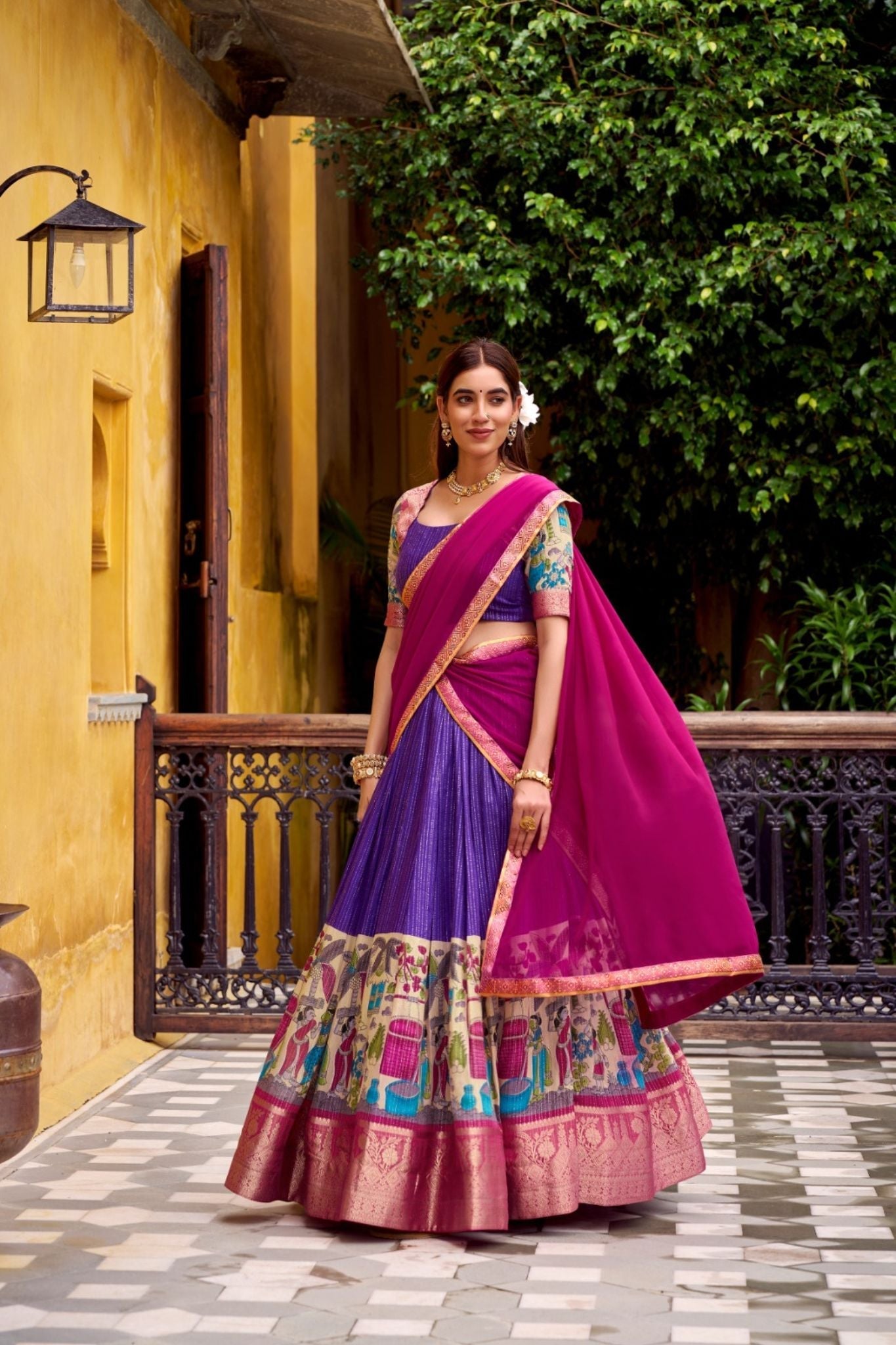 Poly Chanderi Kalamkari Printed Zari Weaving Work Premium Lehenga Choli