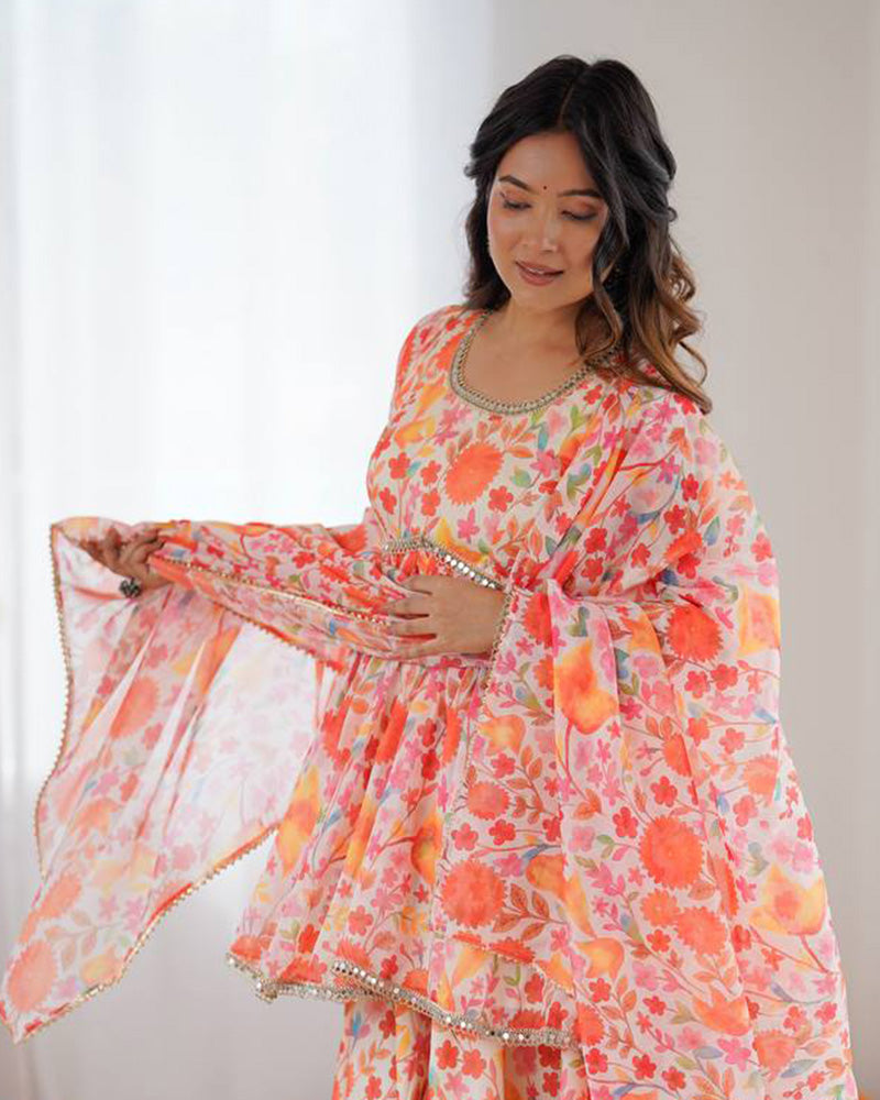 Orange Color Pure Soft Organza Floral Sharara Suit