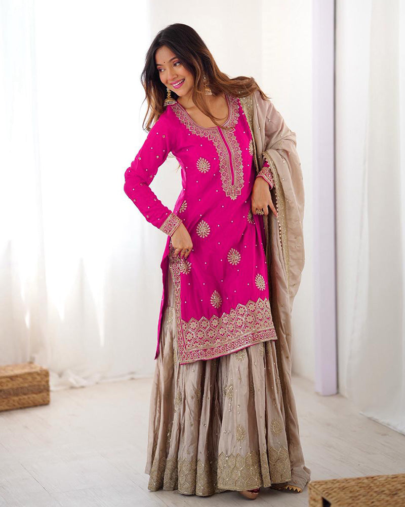 Chinon Silk Embroidered Sharara Suit