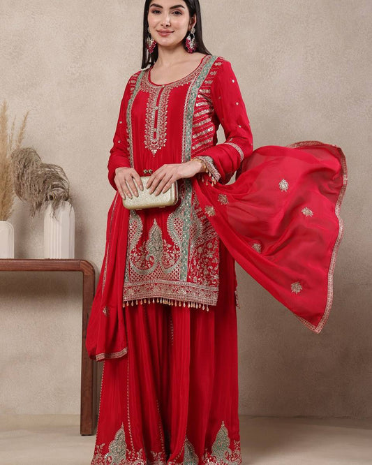Wedding Wear Rani Red Chinnon Silk Sharara Palazzo Set with Dupatta