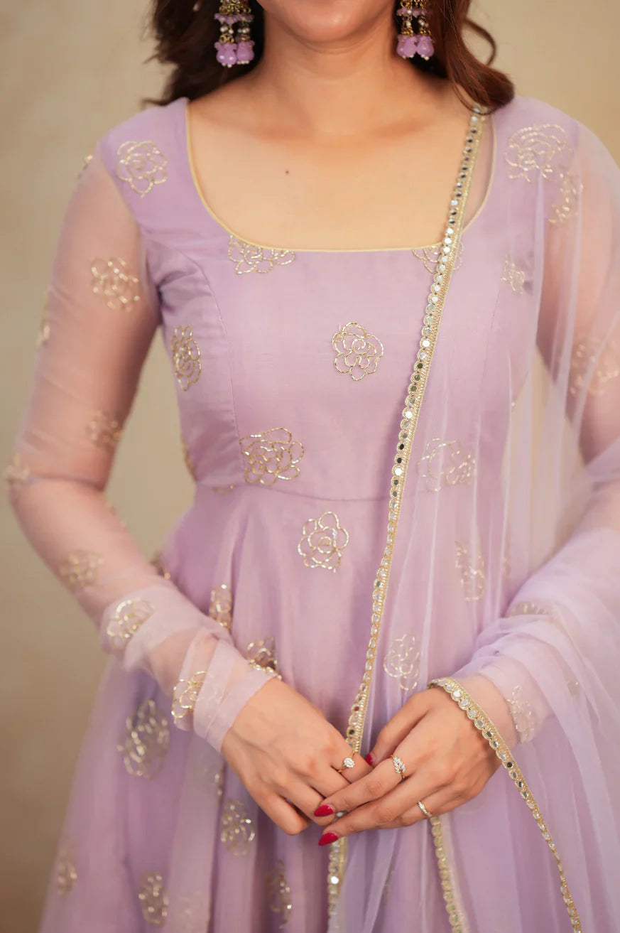 Lavender Organza Anarkali Suit with Rose Motif Embroidery & Net Dupatta