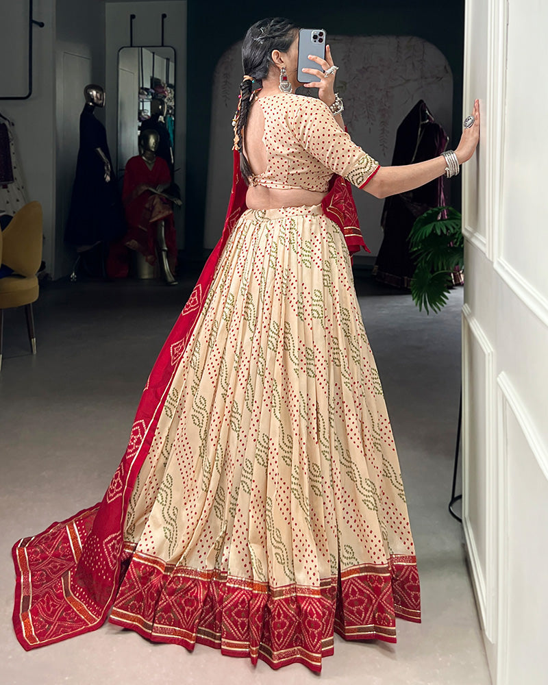 Off White Tussar Silk Bandhej Navratri Lehenga Choli with Designer Blouse