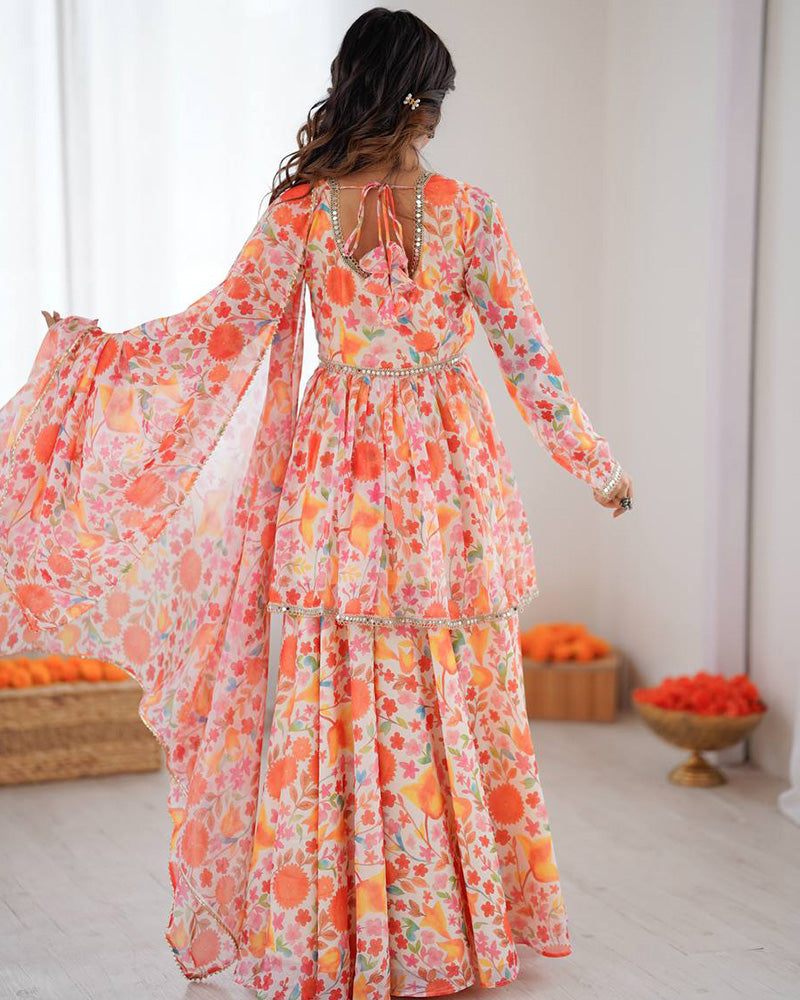 Orange Color Pure Soft Organza Floral Sharara Suit