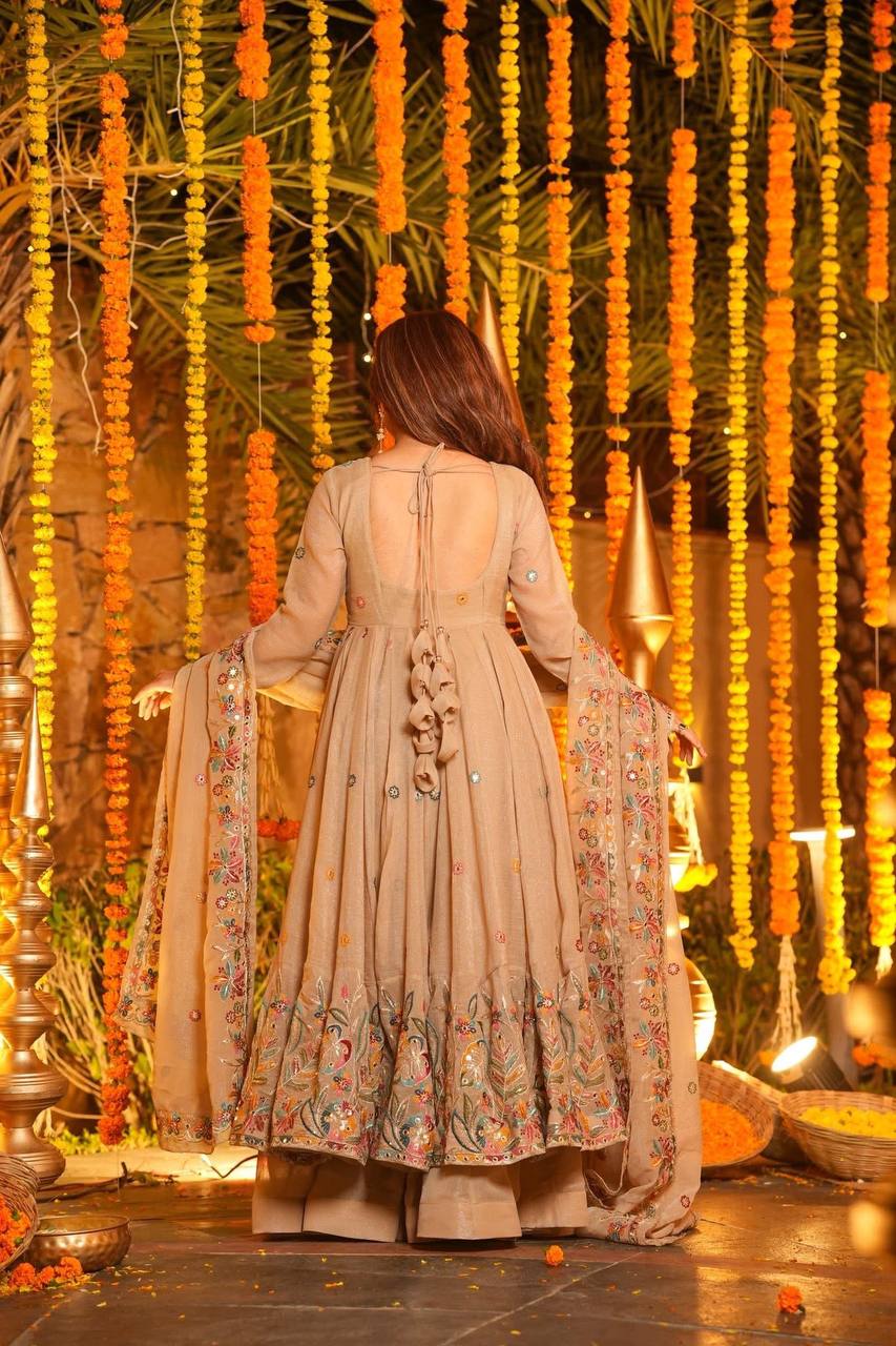 Beige Party Wear Readymade Anarkali Suit Set