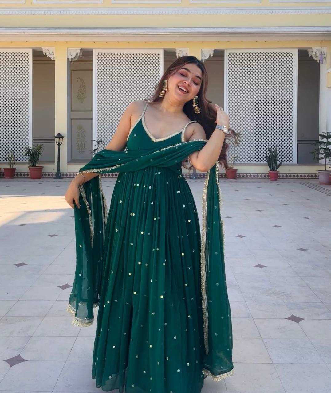 Emerald Green Faux Blooming Gown Set with Heavy Sequin & Zari Work, Pant & Dupatta