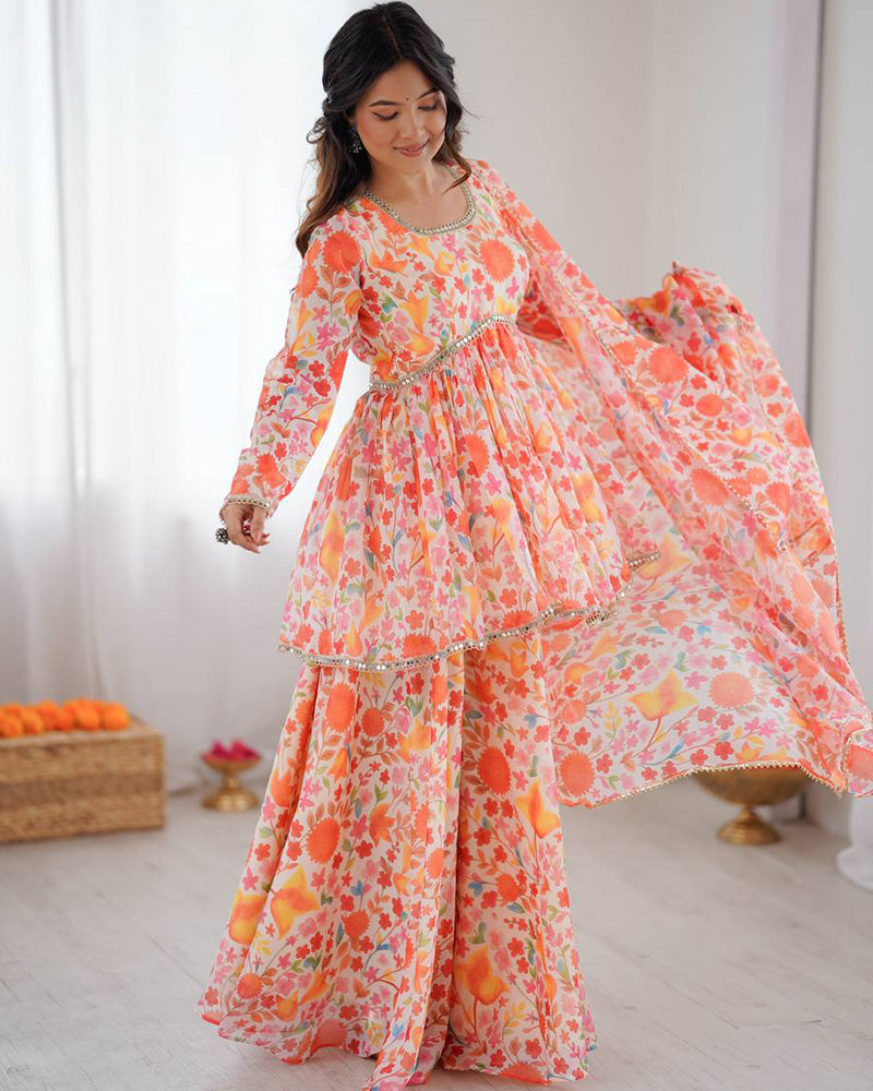 Orange Color Pure Soft Organza Floral Sharara Suit