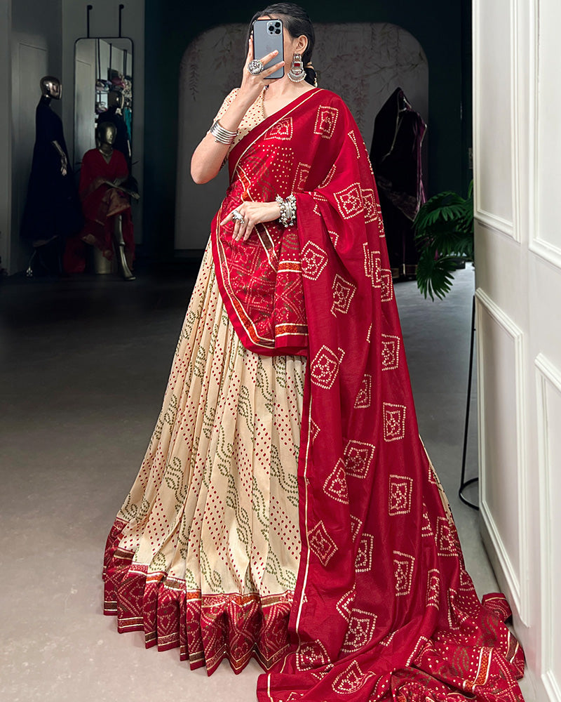 Off White Tussar Silk Bandhej Navratri Lehenga Choli with Designer Blouse