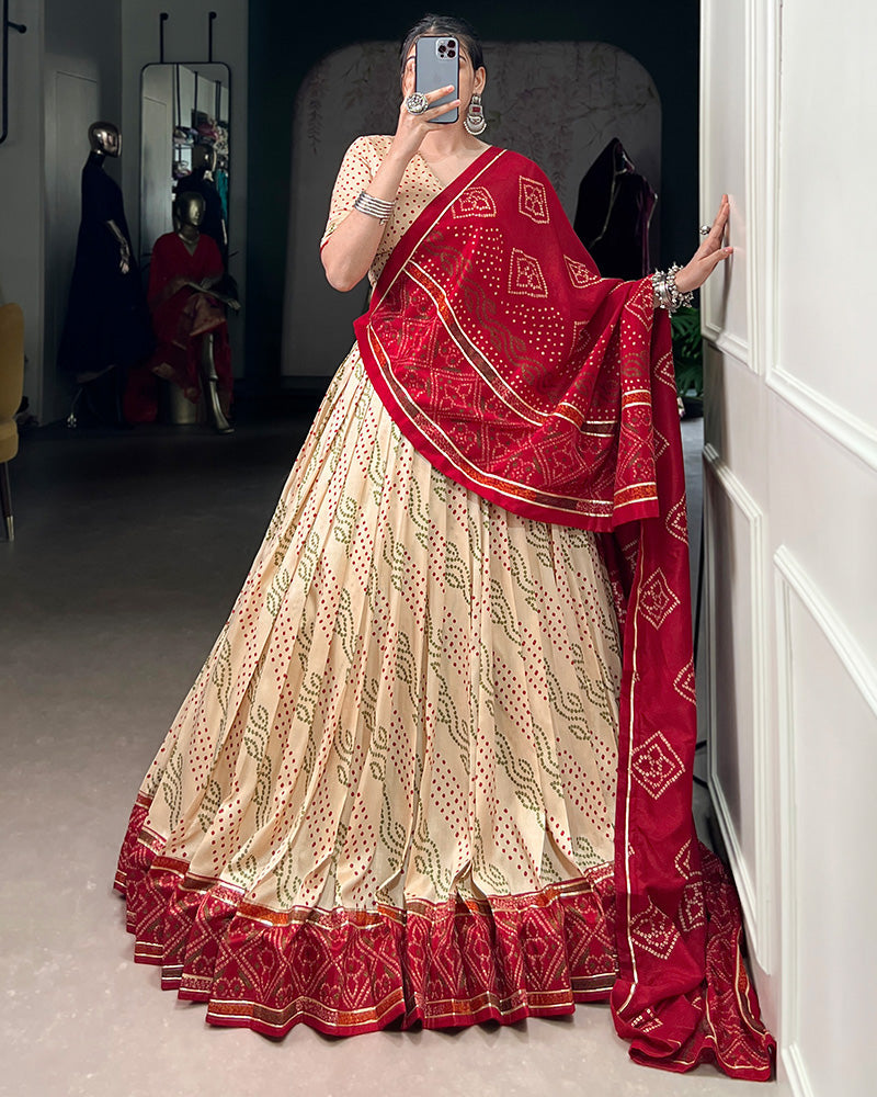 Off White Tussar Silk Bandhej Navratri Lehenga Choli with Designer Blouse