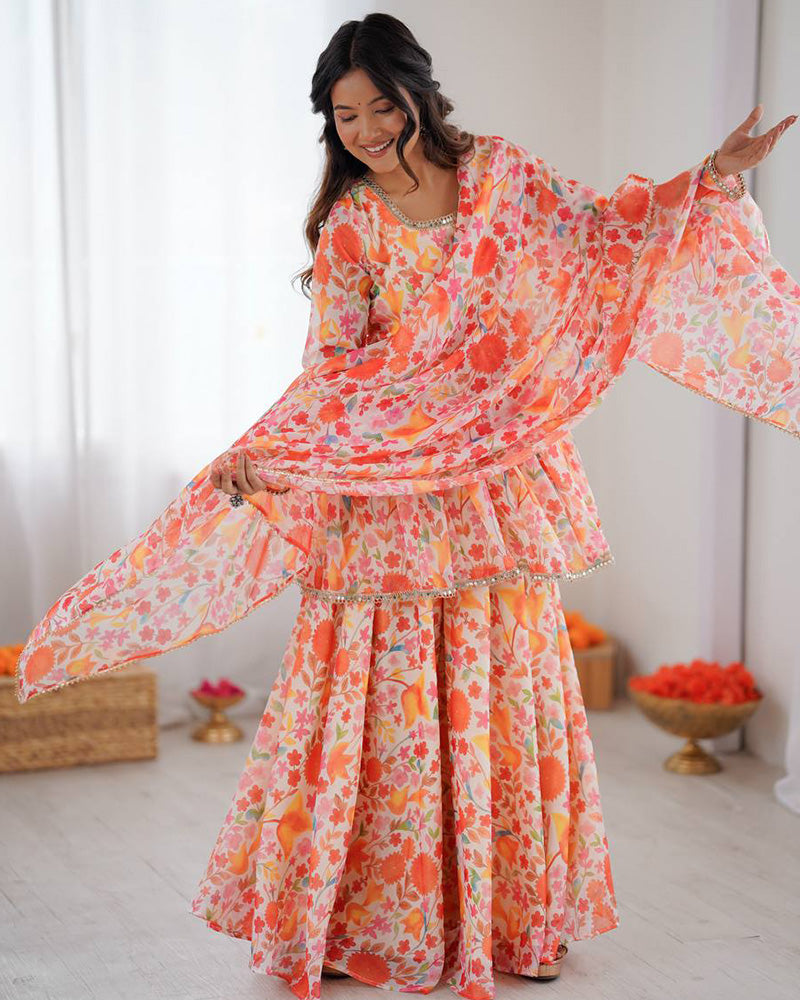 Orange Color Pure Soft Organza Floral Sharara Suit