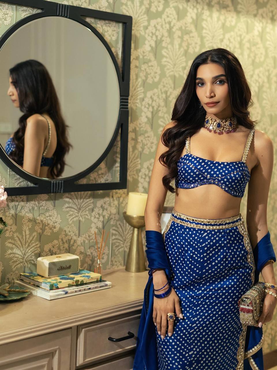 Royal Blue Bandhani Mirror Work Co-Ord Set with Dupatta for Women | Designer Indo-Western Festive Outfit