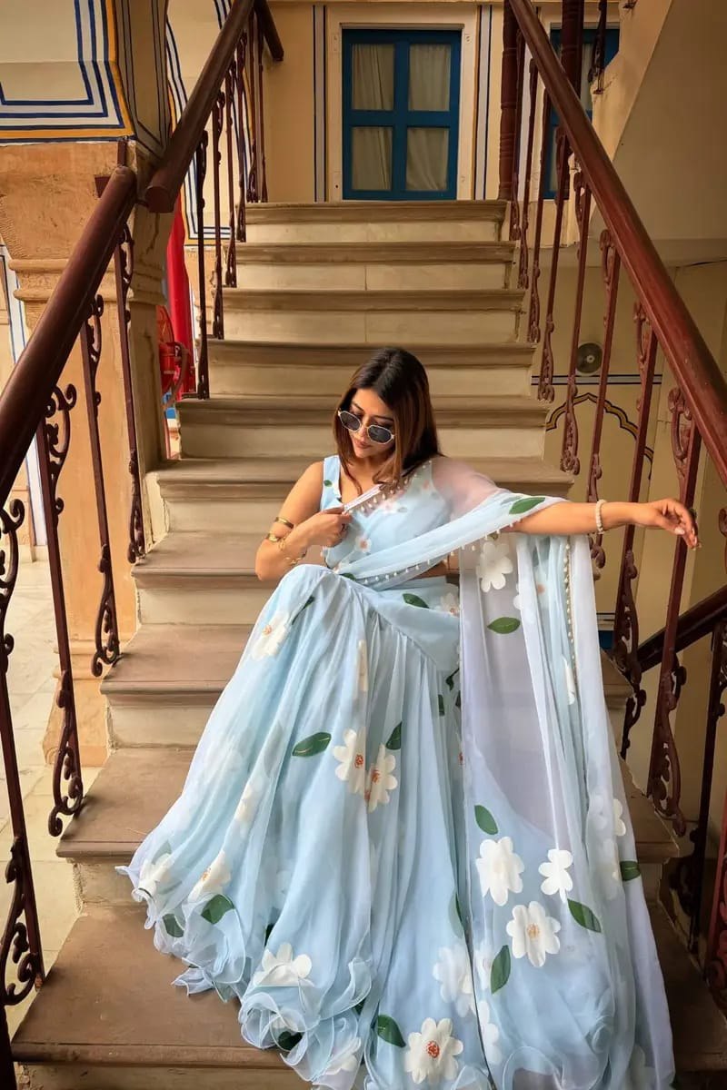 Ready-to-Wear Sky Blue Floral Ruffle Drape Lehenga Saree