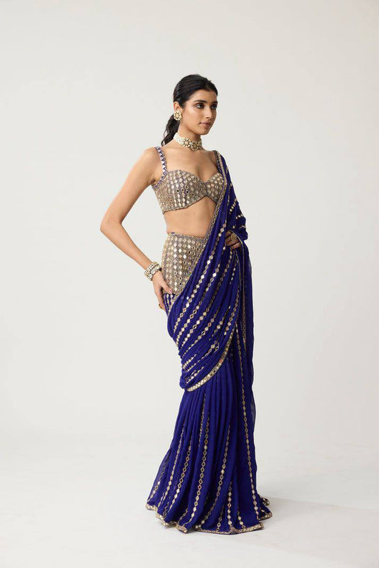 Festive Blue Mirror Work Ready-to-Wear Lehenga Saree